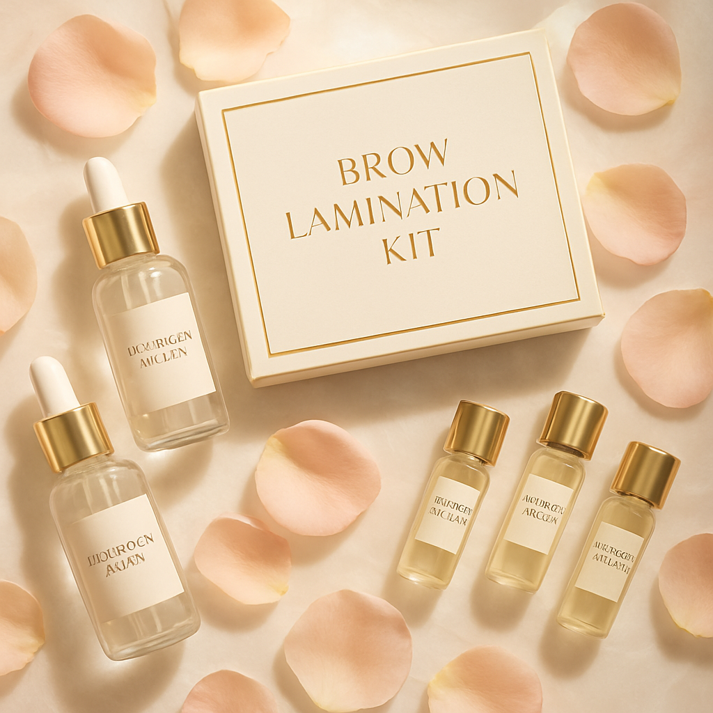 Brow lamination serums and keratin treatment kit on marble surface