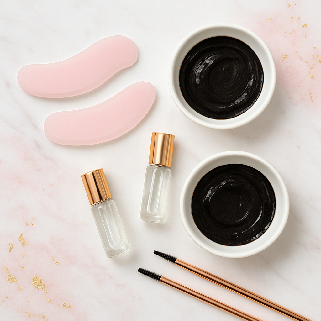 Eyelash lift shield pads, tint kit and lash serum flatlay