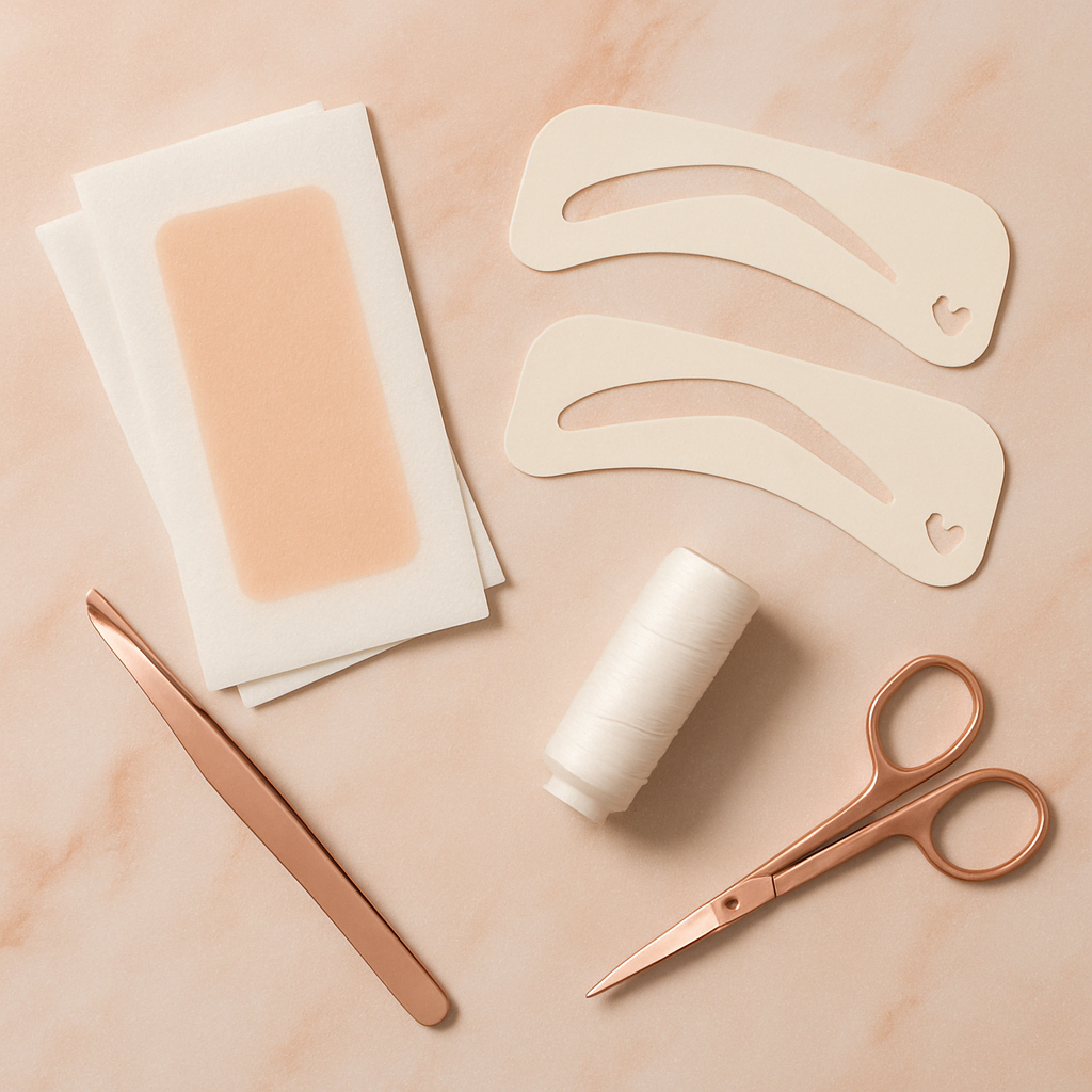 Eyebrow shaping tools — wax strips, tweezers, and thread on marble