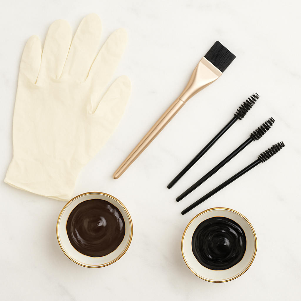 Eyebrow tinting pigment bowls and applicator brushes on white marble